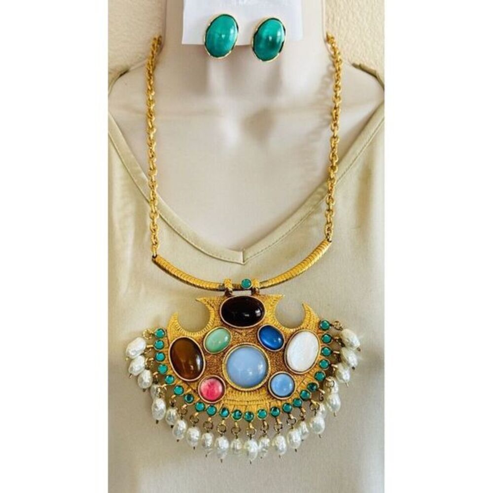 VTG Bijoux Burma Necklace Earrings Matching Set Baroque Pearl Imperial Gold Rare